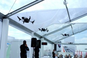 Parrot AR.Drones fly in an indoor demonstration at the 2013 Paris Air Show. Photo: AUVSI