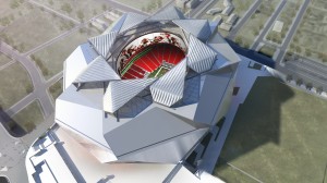 The design for the New Atlanta Stadium features a retractable roof that provides a radical departure from the kinetic roofs of other sports facilities.  Image courtesy of HOK 