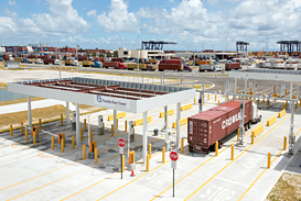 The FECR's Intermodal Container Transfer Facility (ICTF) international gate complex. The 43-acre state-of-the-art intermodal facility is located adjacent to Port Everglades, Fort Lauderdale. Photo: Florida East Coast Railway