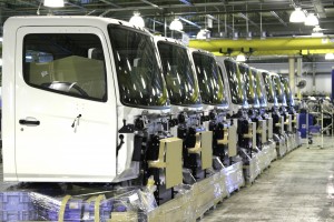 Lineup of Hino trucks in the 194,000 square foot Williamstown plant. Hino represents the Toyota Group in the global market for medium-duty trucks, heavy-duty trucks and buses. Photo: Ron Snow from the West Virginia Department of Commerce